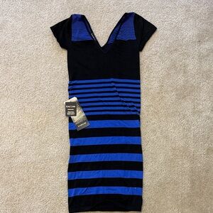 Bebe Black and Blue Striped Midi Dress